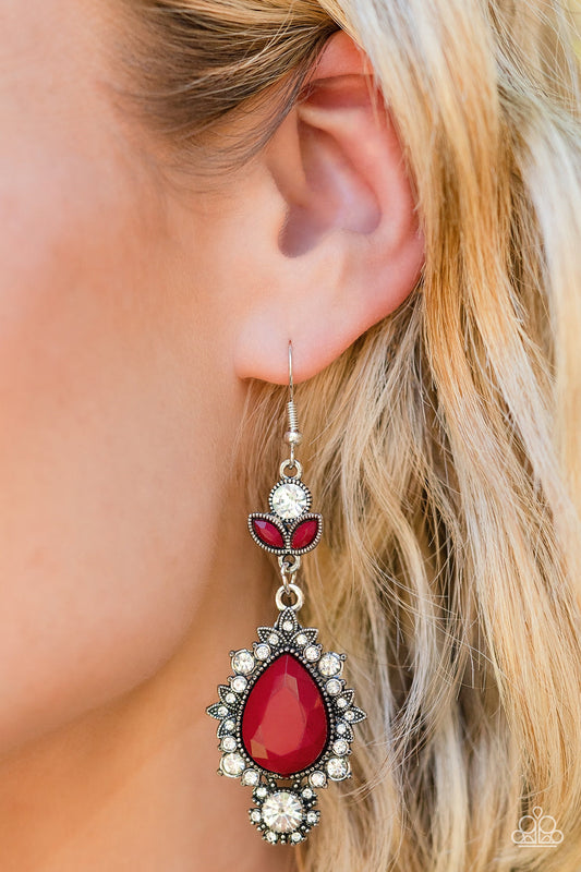 SELFIE-Esteem - Red Oversized Teardrop & White Rhinestone Paparazzi Earrings