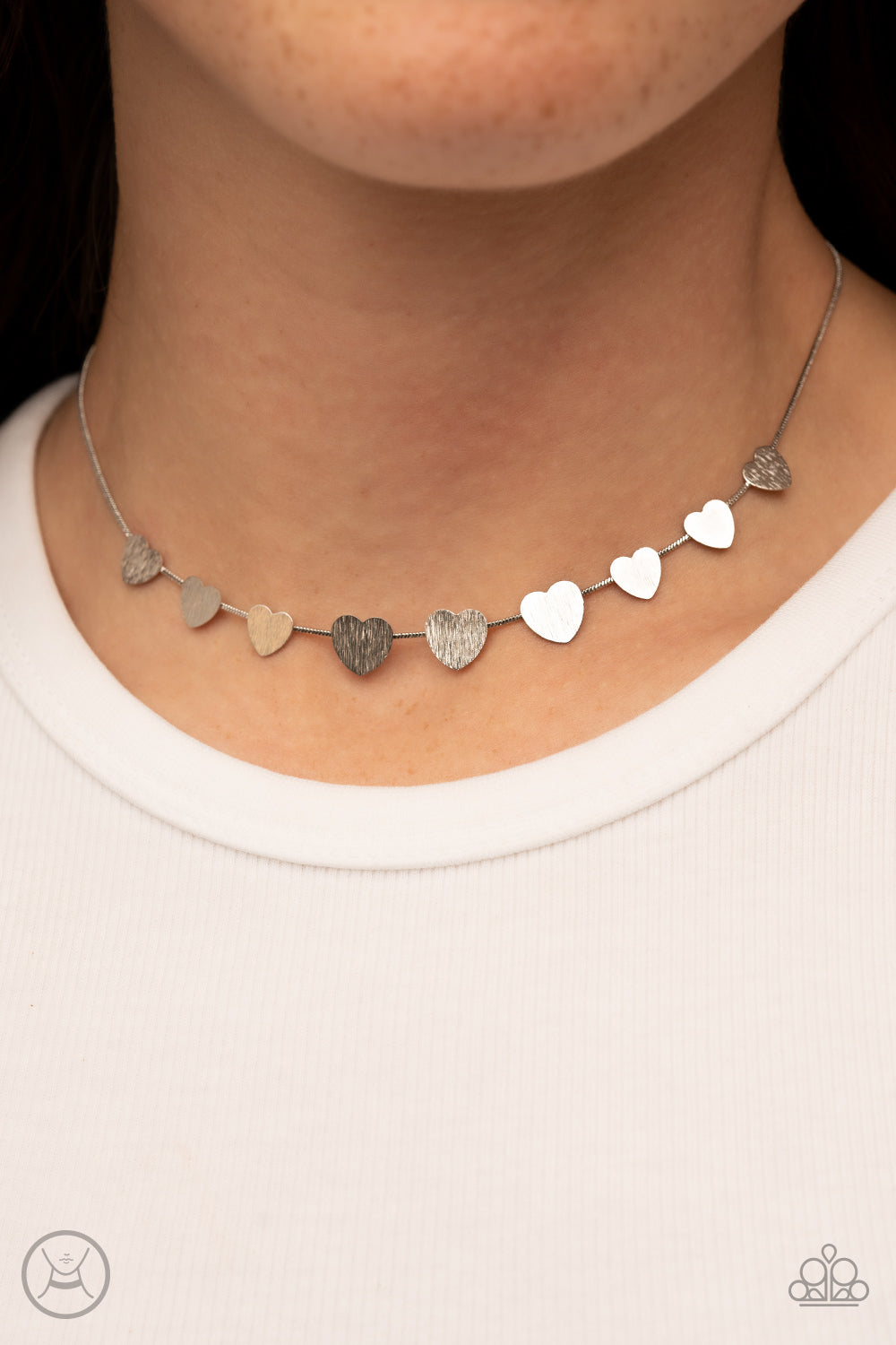Dainty Desire - Silver Dainty Flat Heart Paparazzi CHOKER Necklace & matching earrings