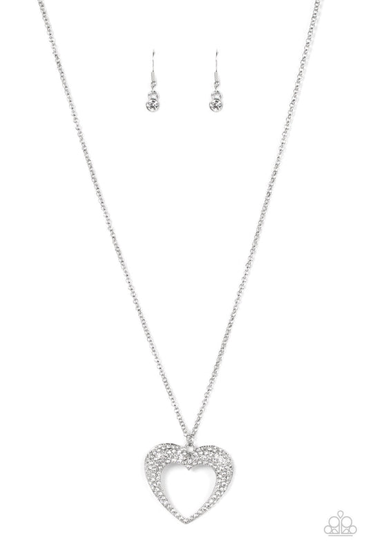 Cupid Charisma - White Rhinestone Encrusted Silver Heart Pendant Paparazzi Necklace & matching earrings