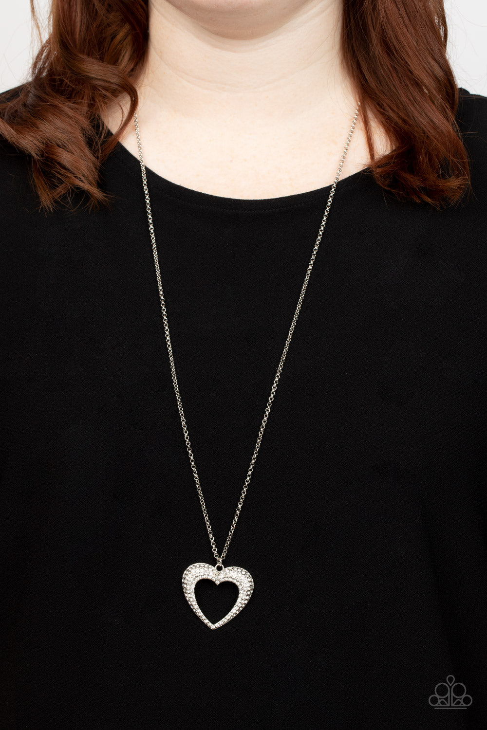 Cupid Charisma - White Rhinestone Encrusted Silver Heart Pendant Paparazzi Necklace & matching earrings