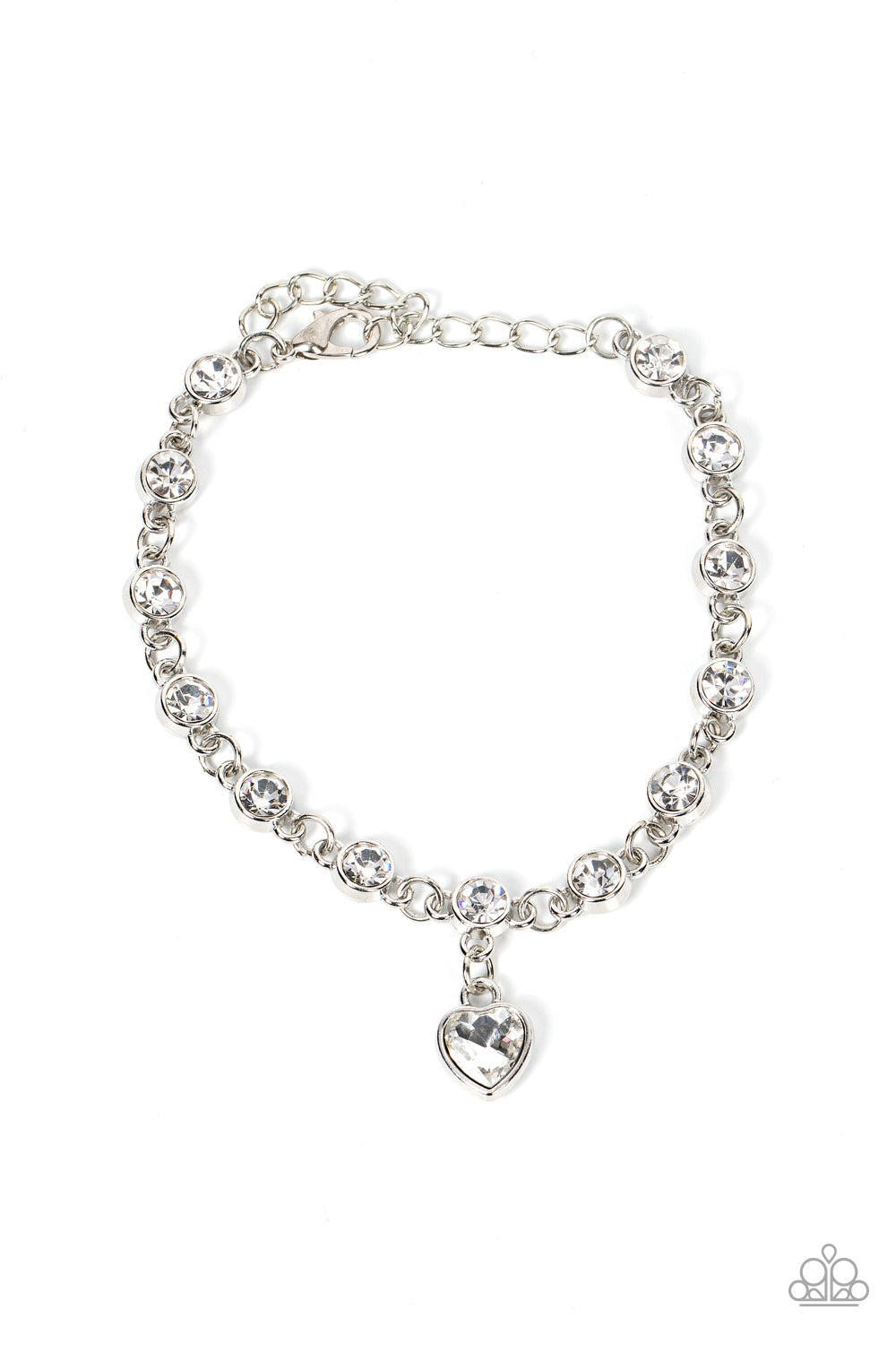 Truly Lovely - White Rhinestone Heart Charm Paparazzi Adjustable Bracelet