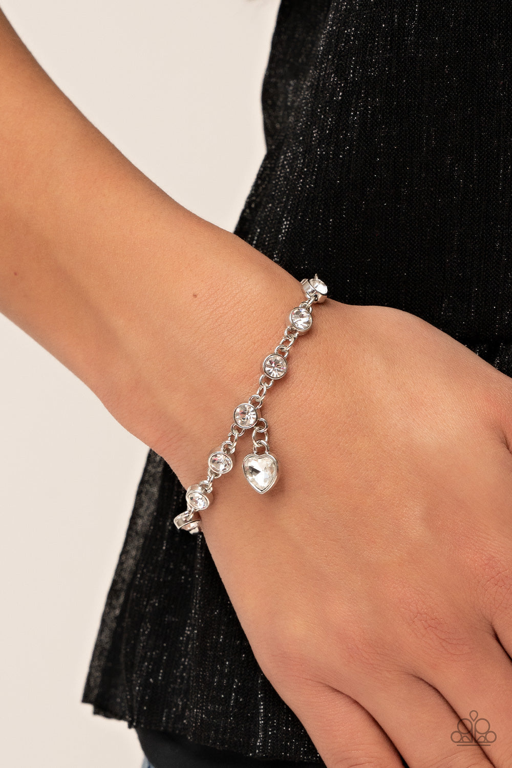 Truly Lovely - White Rhinestone Heart Charm Paparazzi Adjustable Bracelet