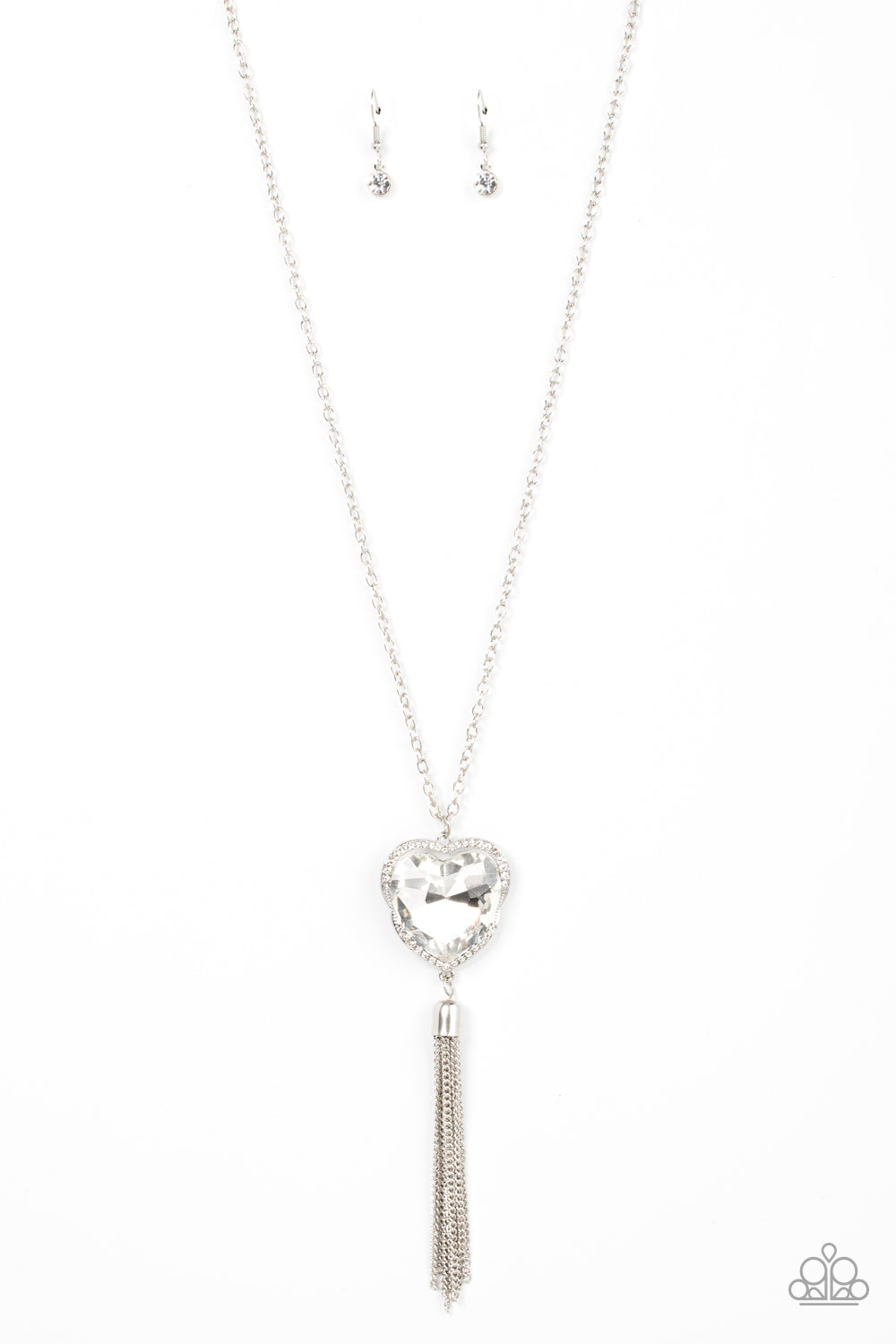 Finding My Forever - White Heart-Shaped Gem & Silver Chain Tassel Pendant Paparazzi Necklace & matching earrings