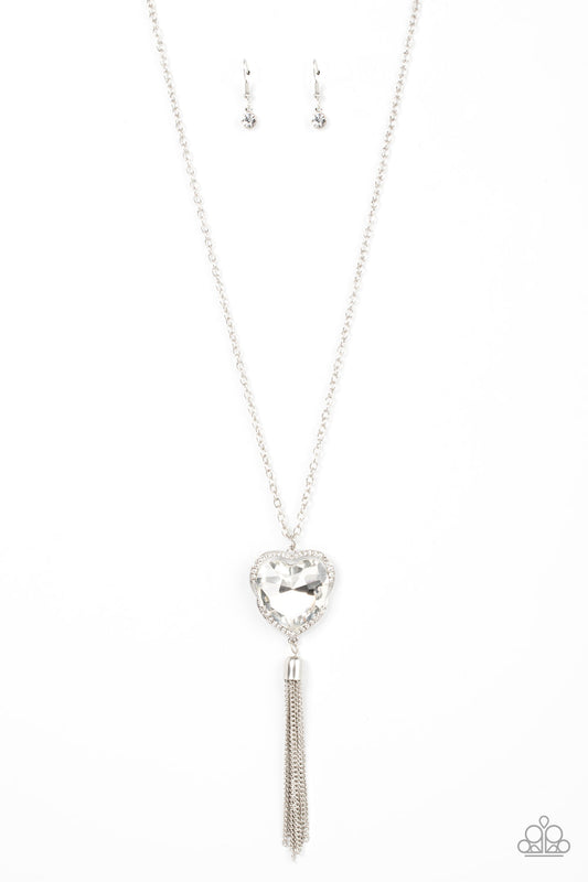 Finding My Forever - White Heart-Shaped Gem & Silver Chain Tassel Pendant Paparazzi Necklace & matching earrings