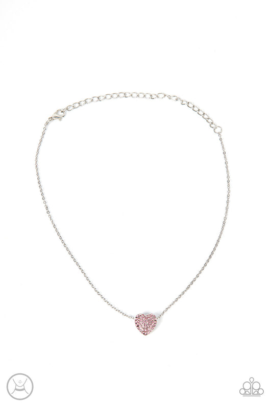 Twitterpated Twinkle - Pink Rhinestone Encrusted Heart Paparazzi Choker Necklace & matching earrings
