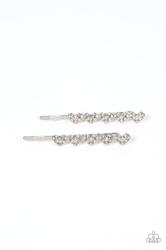 Thinking of You - White Rhinestone Dainty Hearts Paparazzi Hair Pins