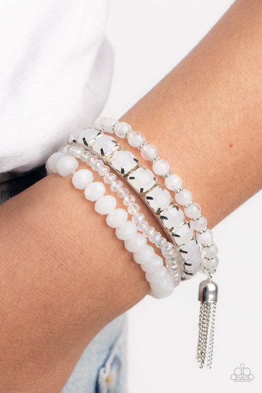 Day Trip Trinket - White Cloudy, Dewy, & Crystal-Like Beaded Set of 4 Paparazzi Stretch Bracelets
