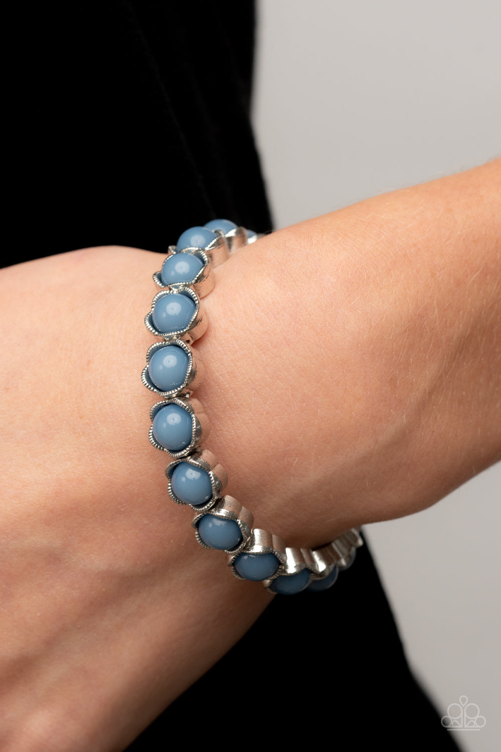 Lets be Buds - Blue Beads & Sliver Petal Paparazzi Stretch Bracelet