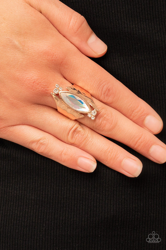 Planetary Paradise - Rose Gold Hammered Frames & Oversized Marquise Iridescent Gem Paparazzi Ring