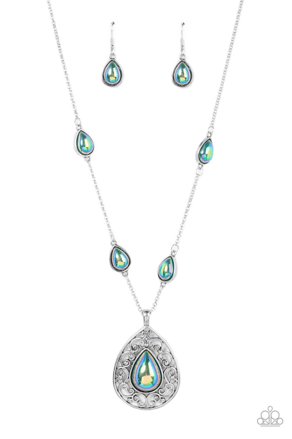 Magical Masquerade - Green Iridescent Teardrop Bead/Oversized Silver Pendant Paparazzi Necklace & matching earrings
