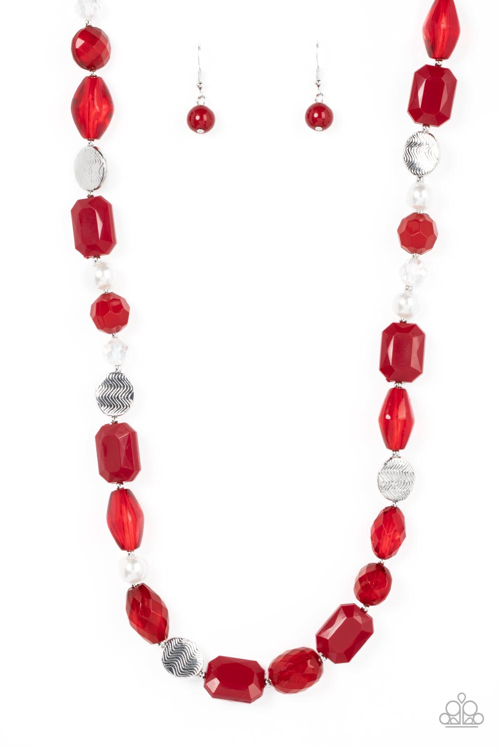 Nautical Sunset - Red Faceted Opaque & Glassy Beads/Silver Beads & Discs Paparazzi Necklace & matching earrings