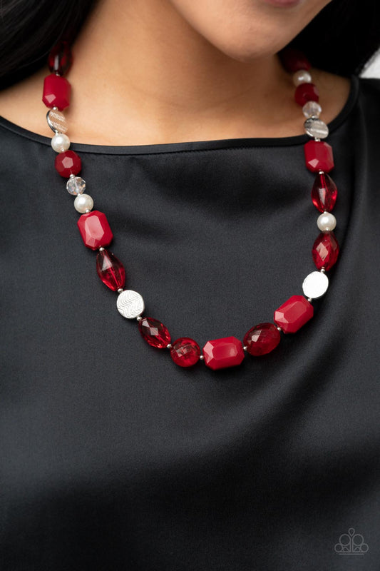 Nautical Sunset - Red Faceted Opaque & Glassy Beads/Silver Beads & Discs Paparazzi Necklace & matching earrings