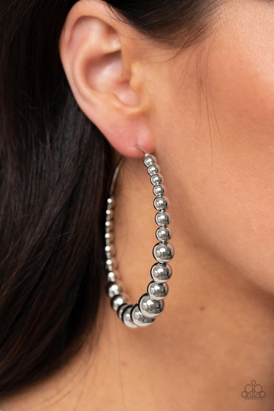 Show Off Your Curves - Silver Shiny Beaded Paparazzi Hoop Post Earrings