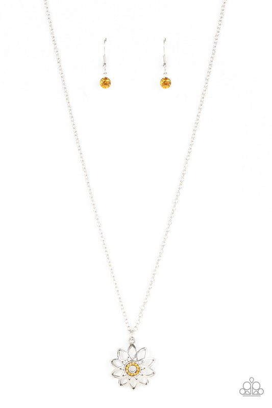 Farmstead Fairytale - Yellow Rhinestone/Silver Floral Pendant Necklace & matching earrings