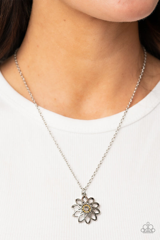 Farmstead Fairytale - Yellow Rhinestone/Silver Floral Pendant Necklace & matching earrings