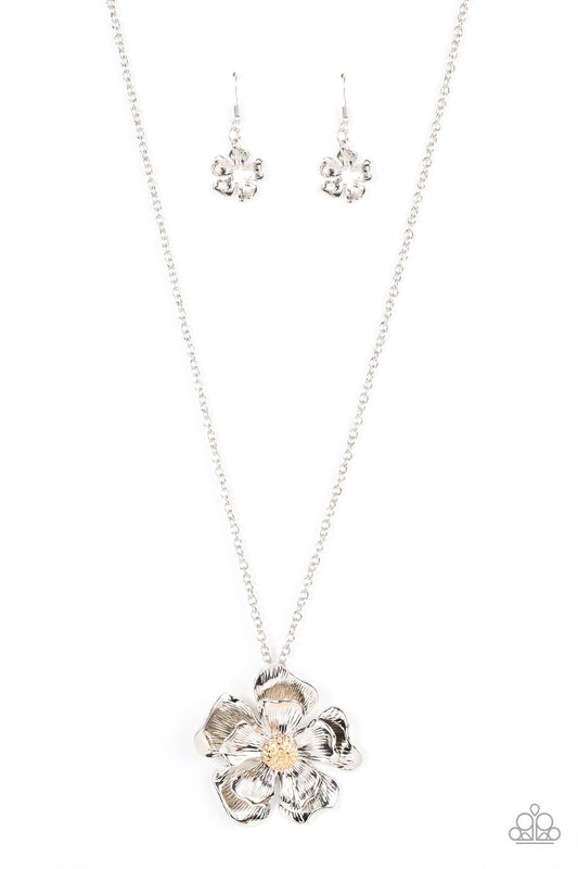 Homegrown Glamour - Silver Scalloped & Textured Flower/Gold Beaded Center Paparazzi Pendant Necklace & matching earrings