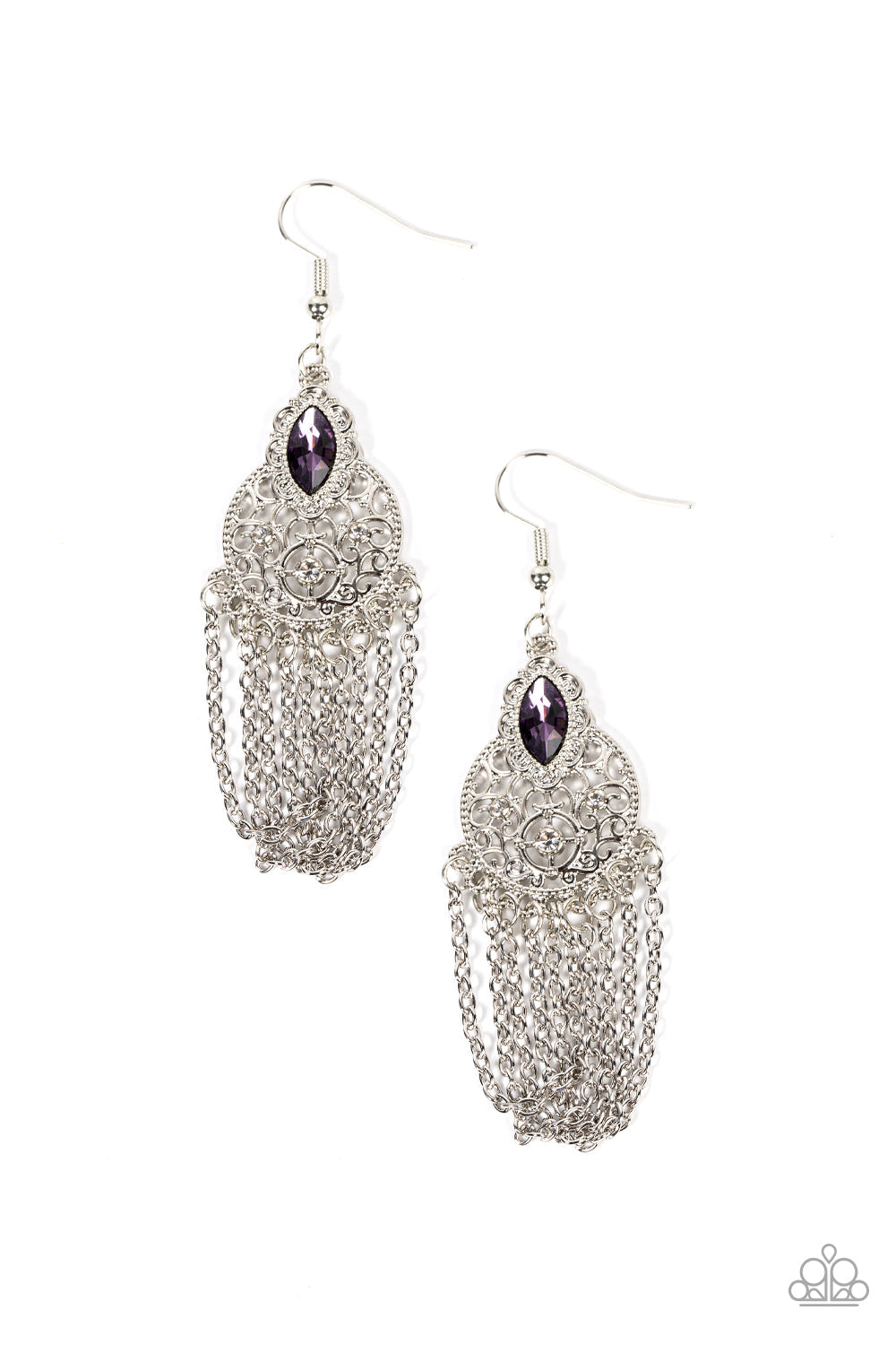 Pressed for CHIME - Purple Rhinestone/Scalloped Silver Frame/Silver Chain Fringe Paparazzi Earrings