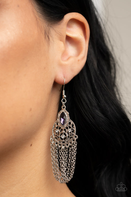 Pressed for CHIME - Purple Rhinestone/Scalloped Silver Frame/Silver Chain Fringe Paparazzi Earrings