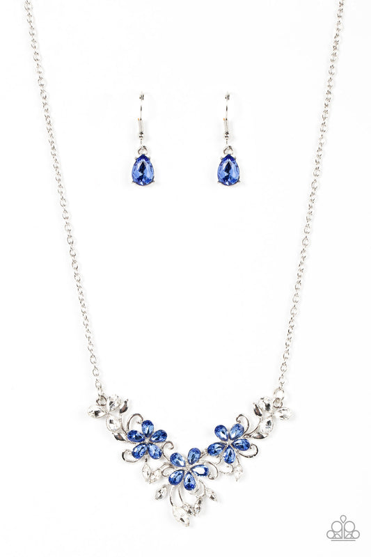 Floral Fashion Show - Blue Rhinestone Flowers/Leafy Marquise Cut Rhinestone Paparazzi Necklace & matching earrings