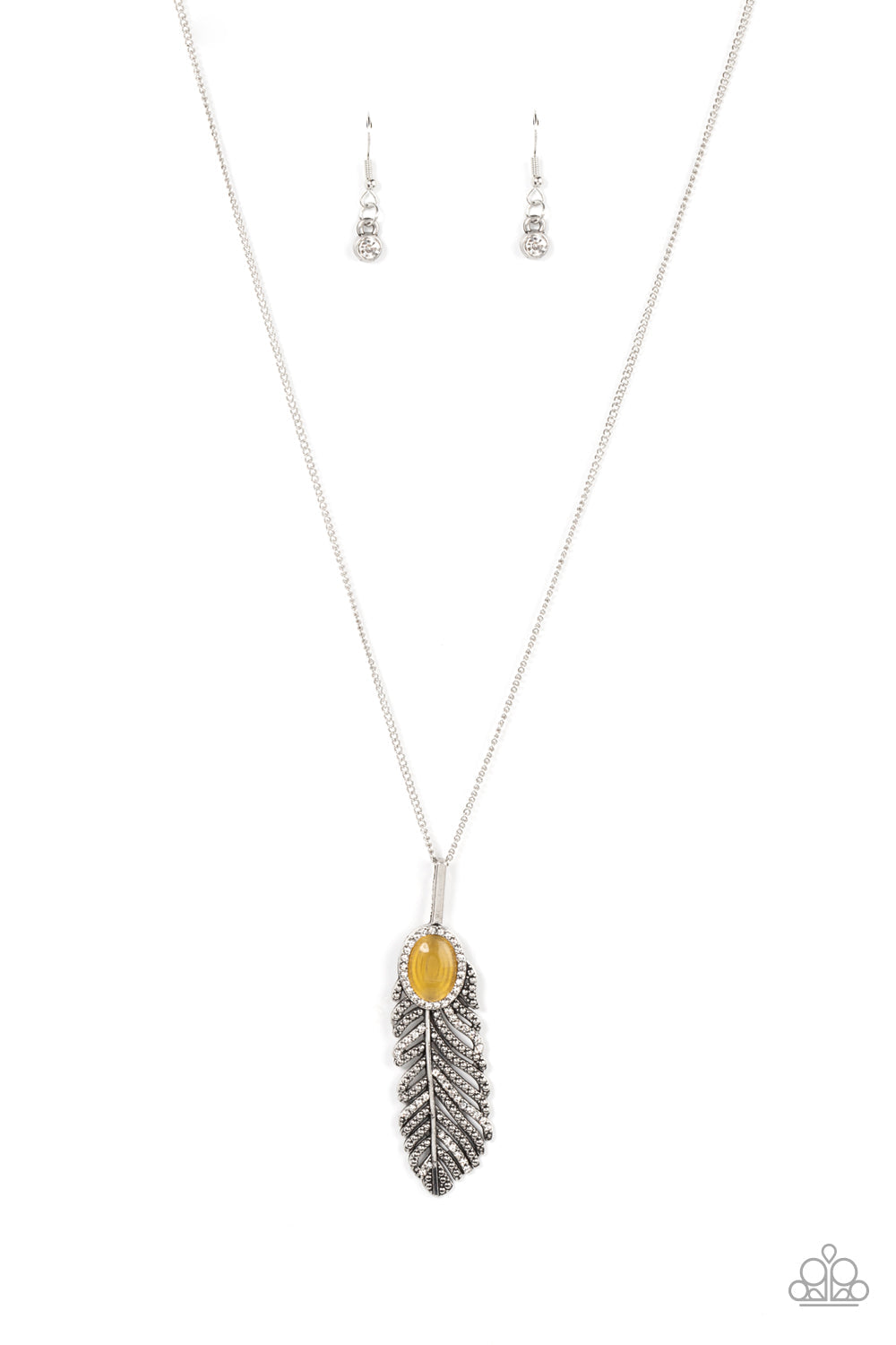 Pure QUILL-Power - Yellow Cat's Eye Stone/Silver Feather Pendant Paparazzi Necklace & matching earrings