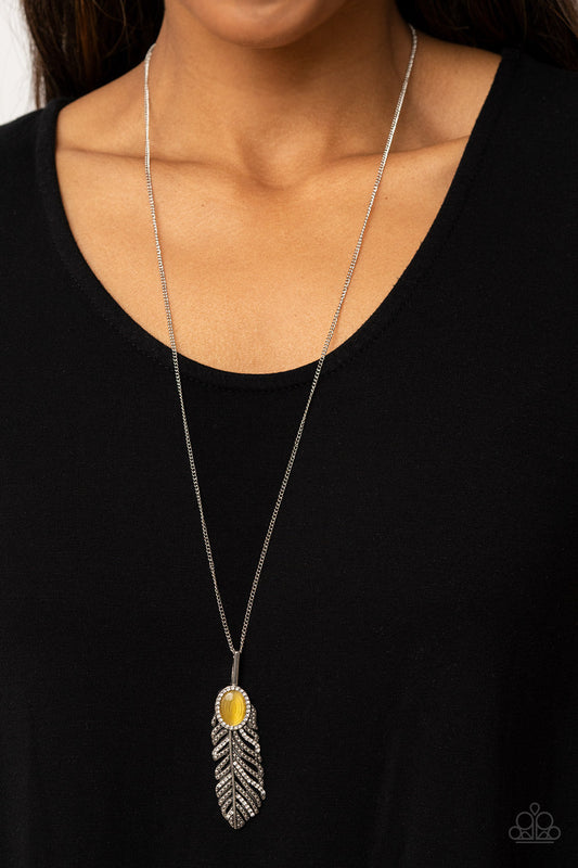 Pure QUILL-Power - Yellow Cat's Eye Stone/Silver Feather Pendant Paparazzi Necklace & matching earrings