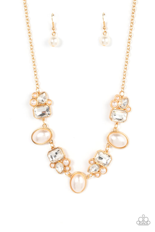 Sensational Showstopper - Gold Asymmetrical Frames/White Rhinestones/White Pearl Paparazzi Necklace & matching earrings