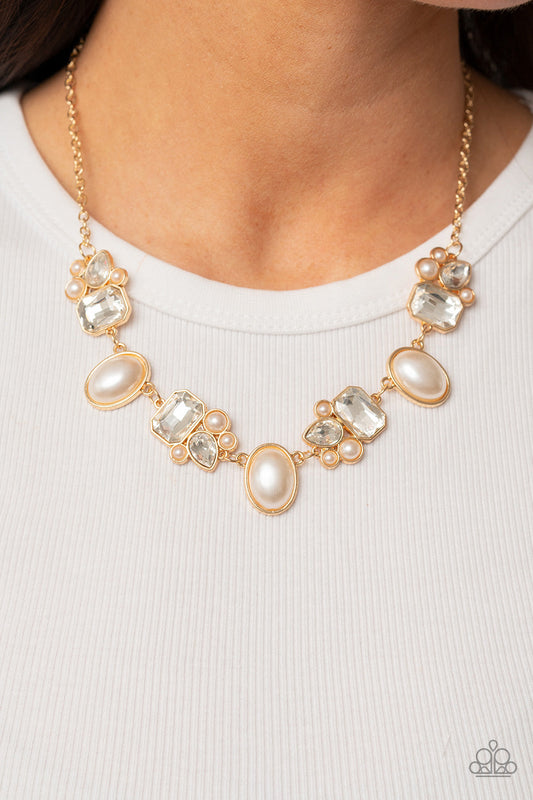 Sensational Showstopper - Gold Asymmetrical Frames/White Rhinestones/White Pearl Paparazzi Necklace & matching earrings