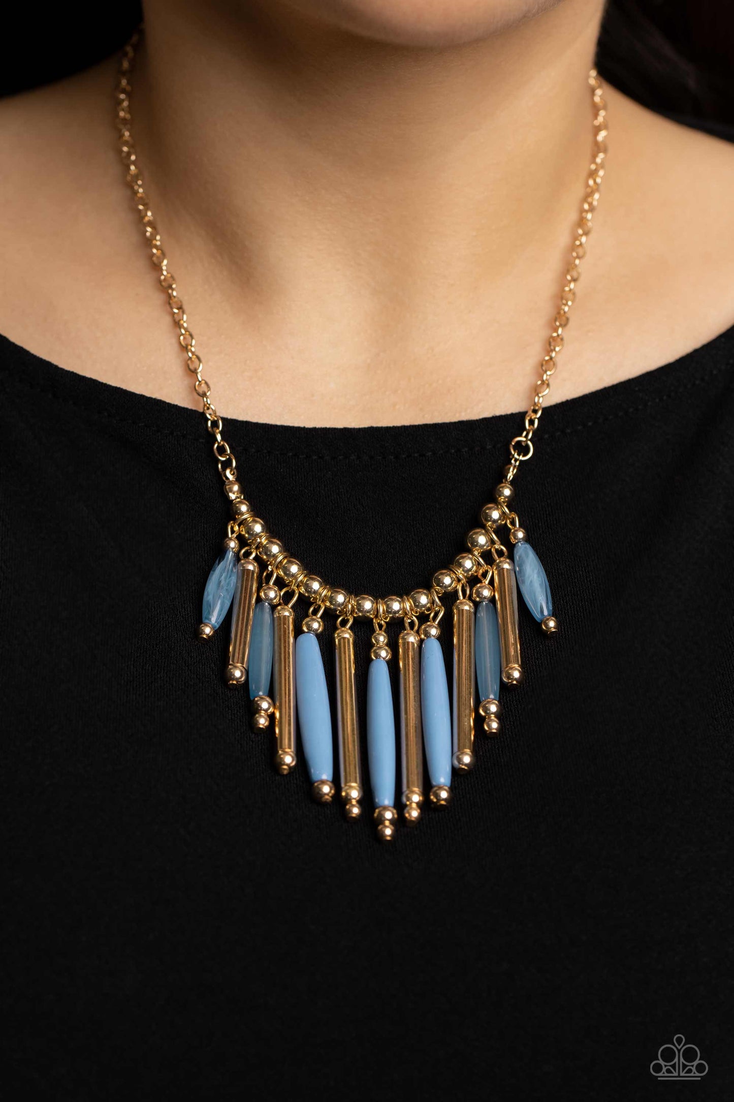 Bohemian Breeze - Blue Cylindrical & Gold Beaded Fringe Paparazzi Necklace & matching earrings