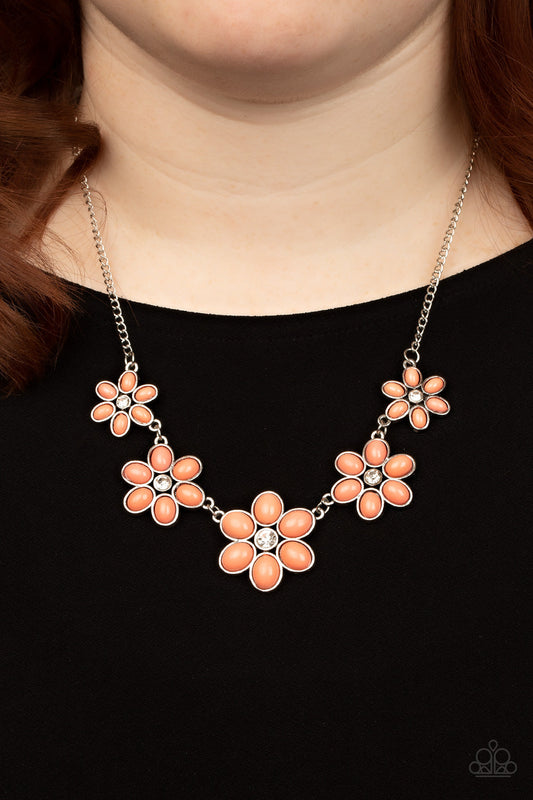 Prairie Party - Orange/Coral Beads & White Rhinestone Flower Paparazzi Necklace & matching earrings