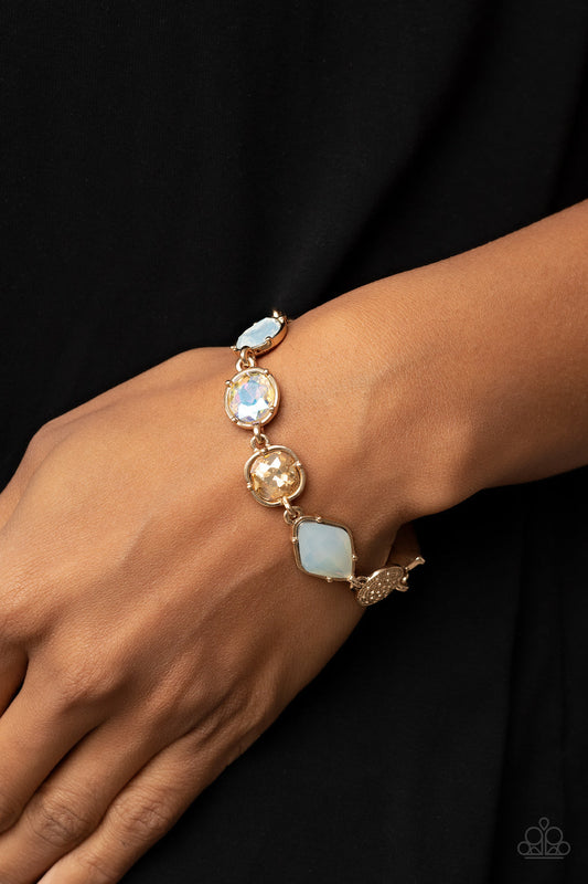 Jewelry Box Bauble - Gold Fittings & Gold/Iridescent/Opal Rhinestone Paparazzi Adjustable Bracelet