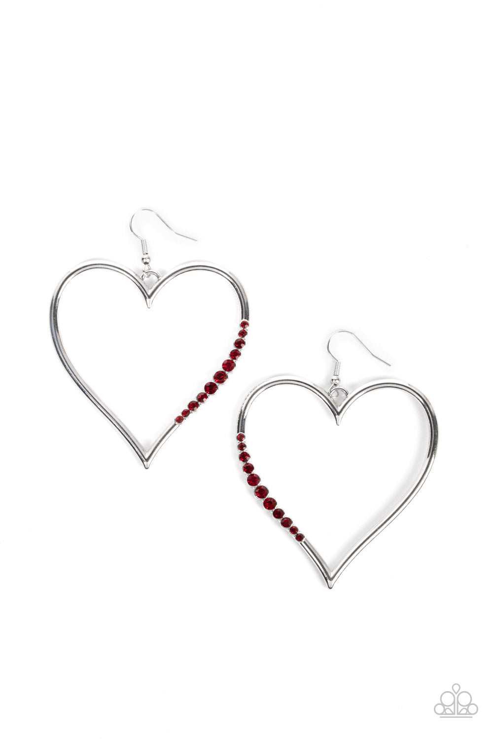 Bewitched Kiss - Red Rhinestone Encrusted Silver Heart Paparazzi Earrings