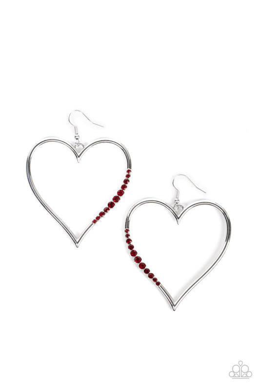 Bewitched Kiss - Red Rhinestone Encrusted Silver Heart Paparazzi Earrings