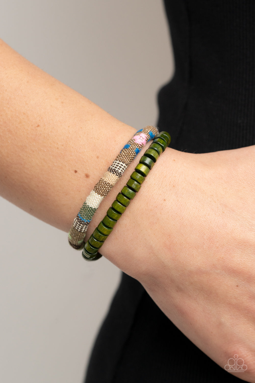Pack your Poncho - Green Wooden Beads & Colorful Textile Banded Cord Paparazzi urban Bracelet