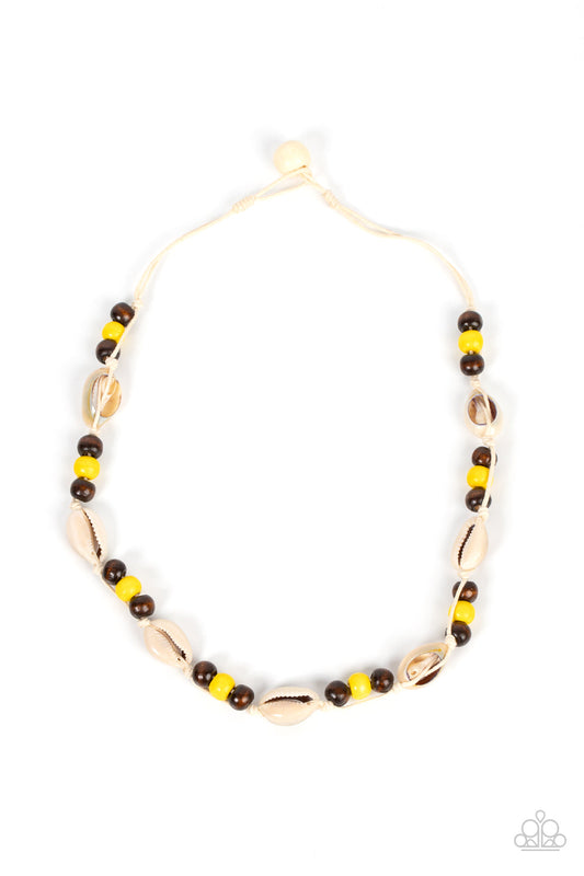 Bermuda Beachcomber - Yellow & Brown Wooden Beads/White Cowrie Seashell Paparazzi Urban Necklace