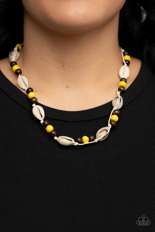 Bermuda Beachcomber - Yellow & Brown Wooden Beads/White Cowrie Seashell Paparazzi Urban Necklace