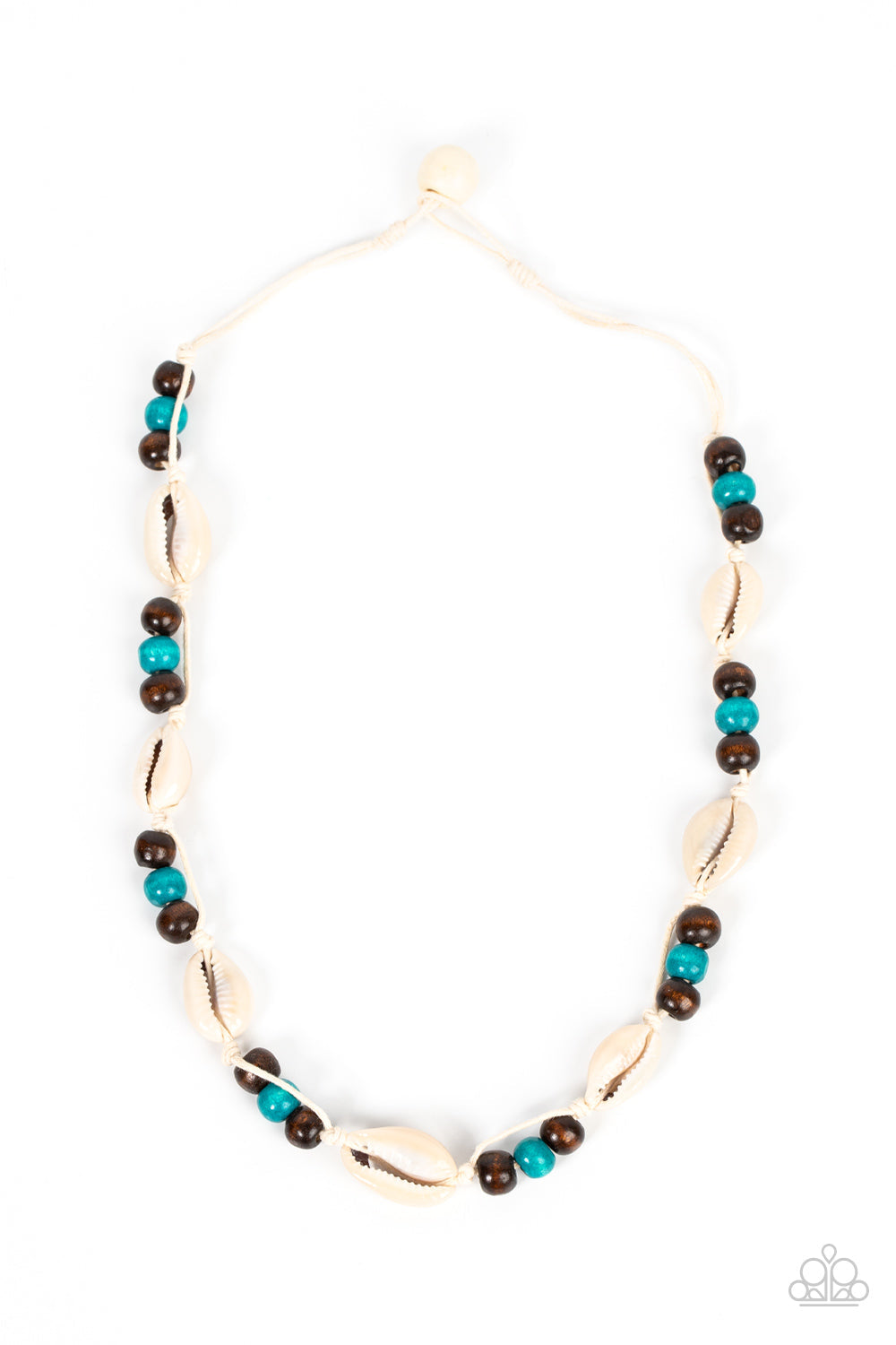 Bermuda Beachcomber - Blue/Brown Wooden Beads & White Cowrie Seashell Paparazzi Urban Necklace