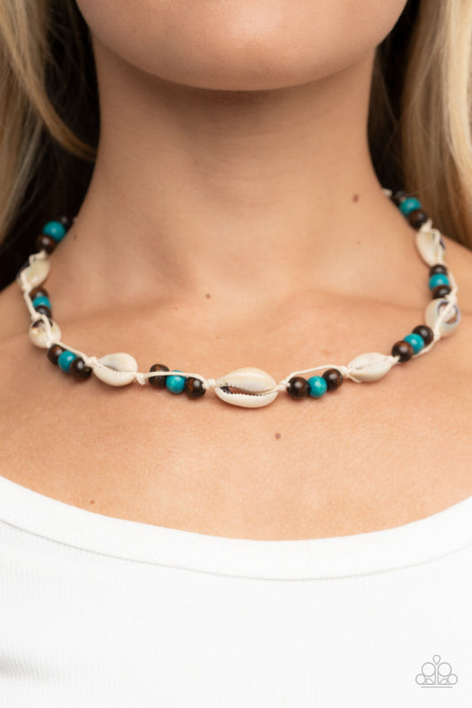 Bermuda Beachcomber - Blue/Brown Wooden Beads & White Cowrie Seashell Paparazzi Urban Necklace