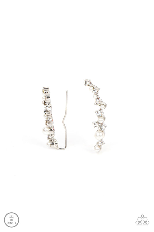 Couture Crawl - White Rhinestone & White Pearl Paparazzi Earl Crawler Earrings