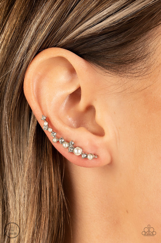 Couture Crawl - White Rhinestone & White Pearl Paparazzi Earl Crawler Earrings