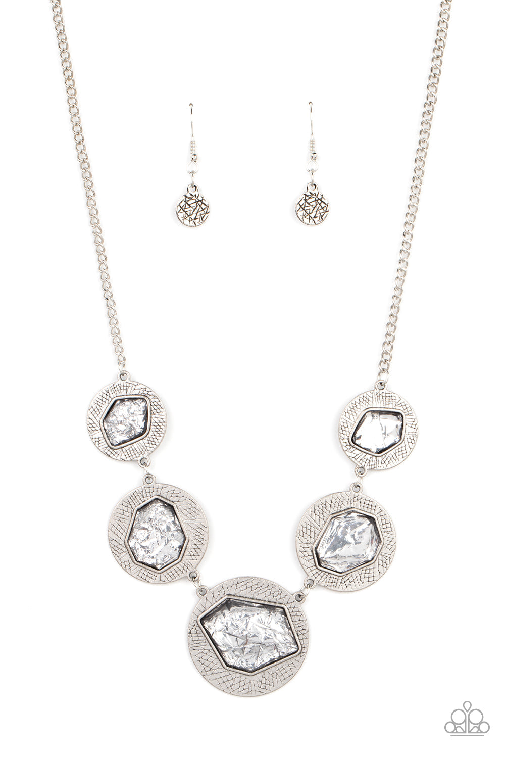 Raw Charisma - Silver Asymmetrical Gems/Textured Disc Paparazzi Necklace & matching earrings