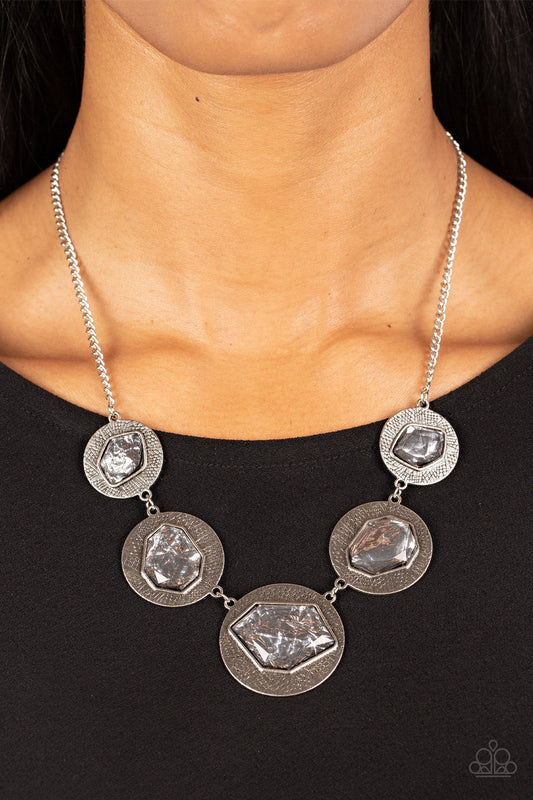 Raw Charisma - Silver Asymmetrical Gems/Textured Disc Paparazzi Necklace & matching earrings
