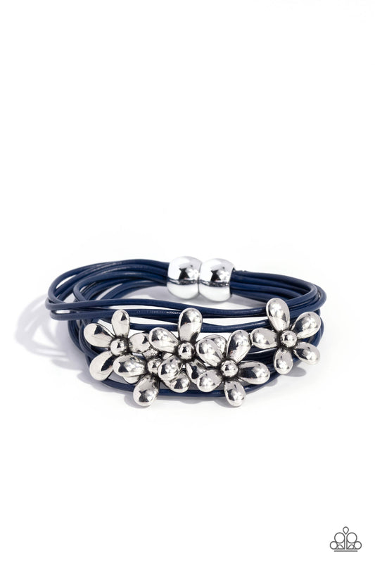 Here Comes the BLOOM - Blue Cording/Silver Flowers Paparazzi Magnetic Bracelet