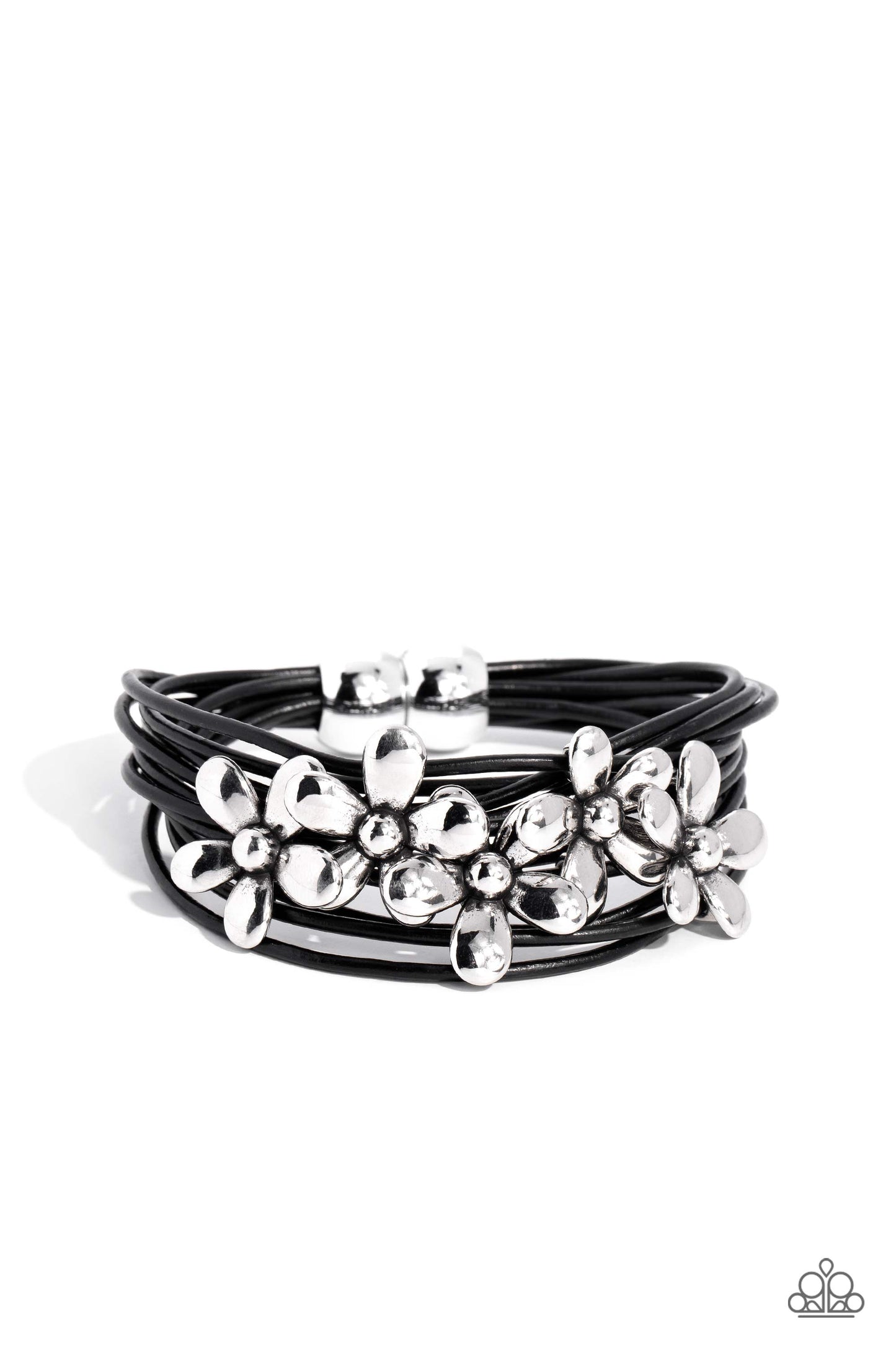 Here Comes the BLOOM - Black Leathery Cording/Silver Flowers Paparazzi Magnetic Bracelet