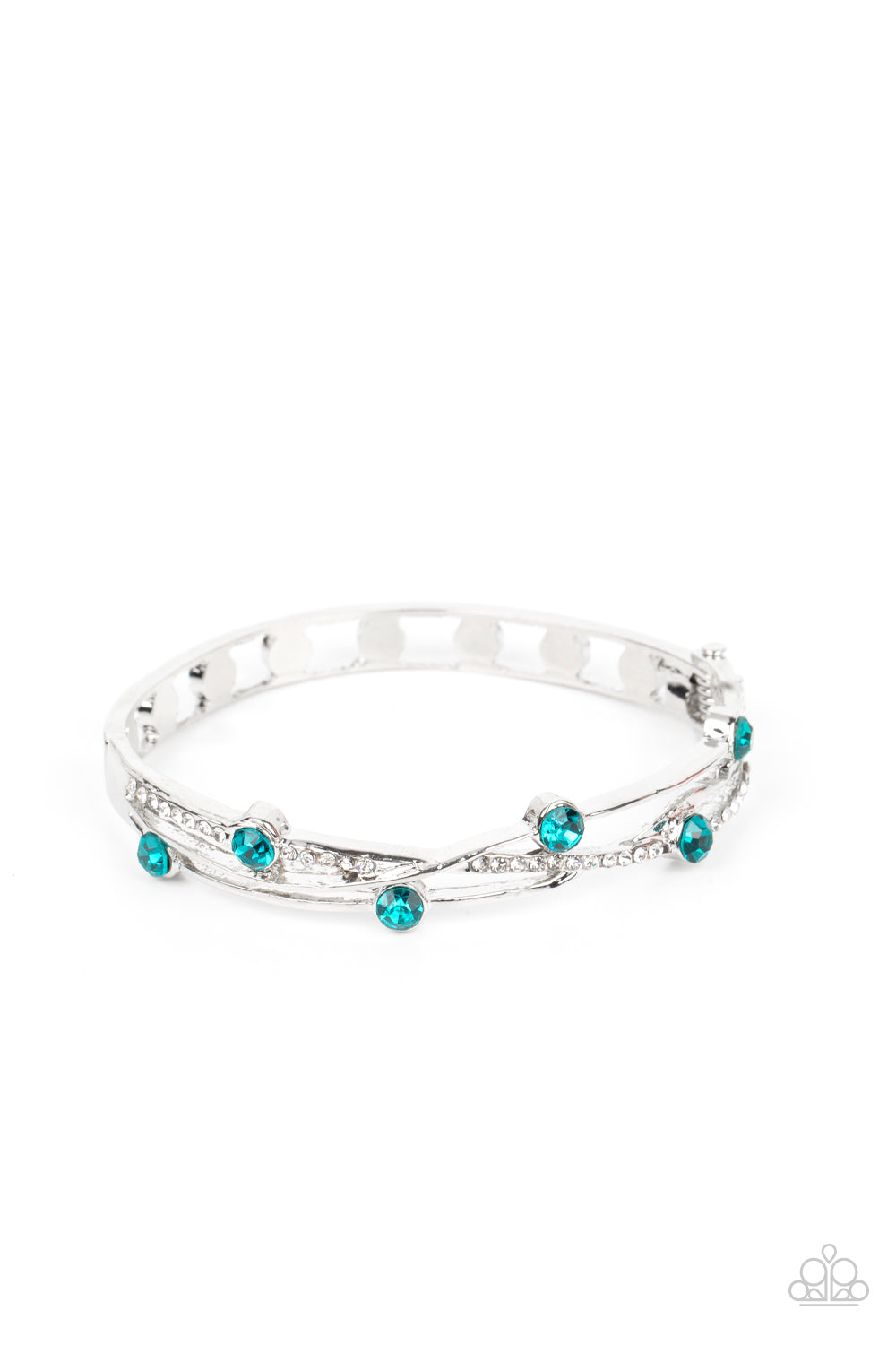 Slammin Sparkle - Blue & White Rhinestones/Silver Ribbons Paparazzi Hinge Bracelet