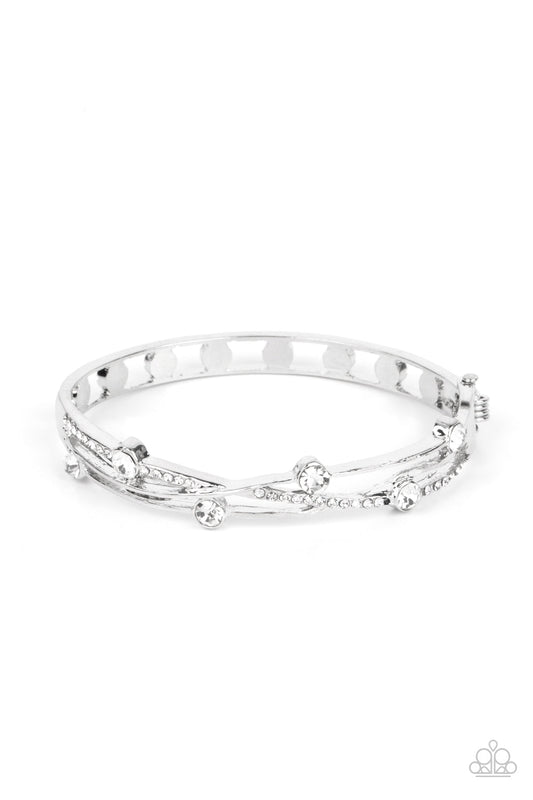 Slammin Sparkle - White Rhinestones & Silver Intertwined Ribbon Paparazzi Hinge Bracelet