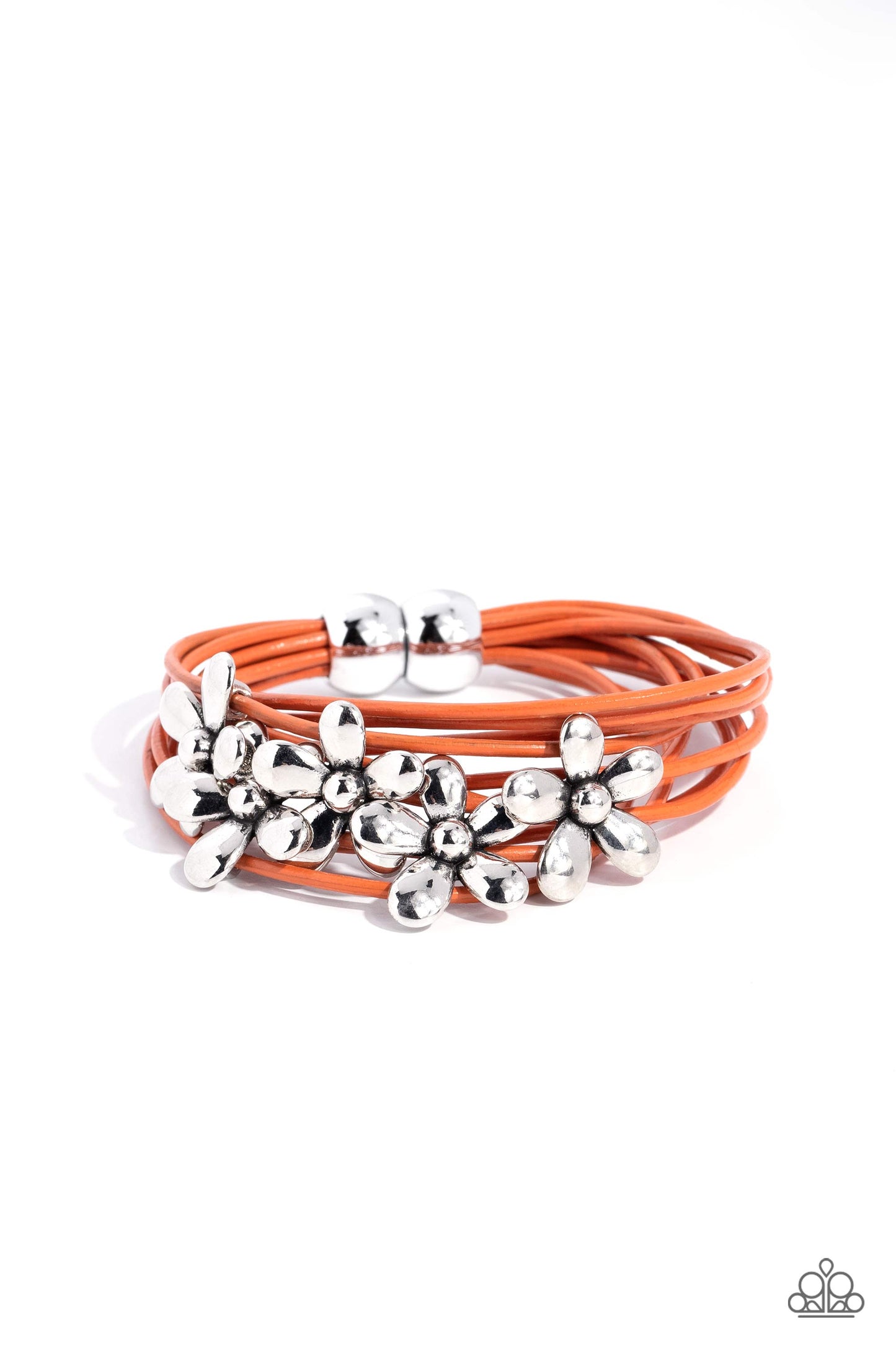 Here Comes the BLOOM - Orange Cording/Silver Flowers Paparazzi Magnetic Bracelet