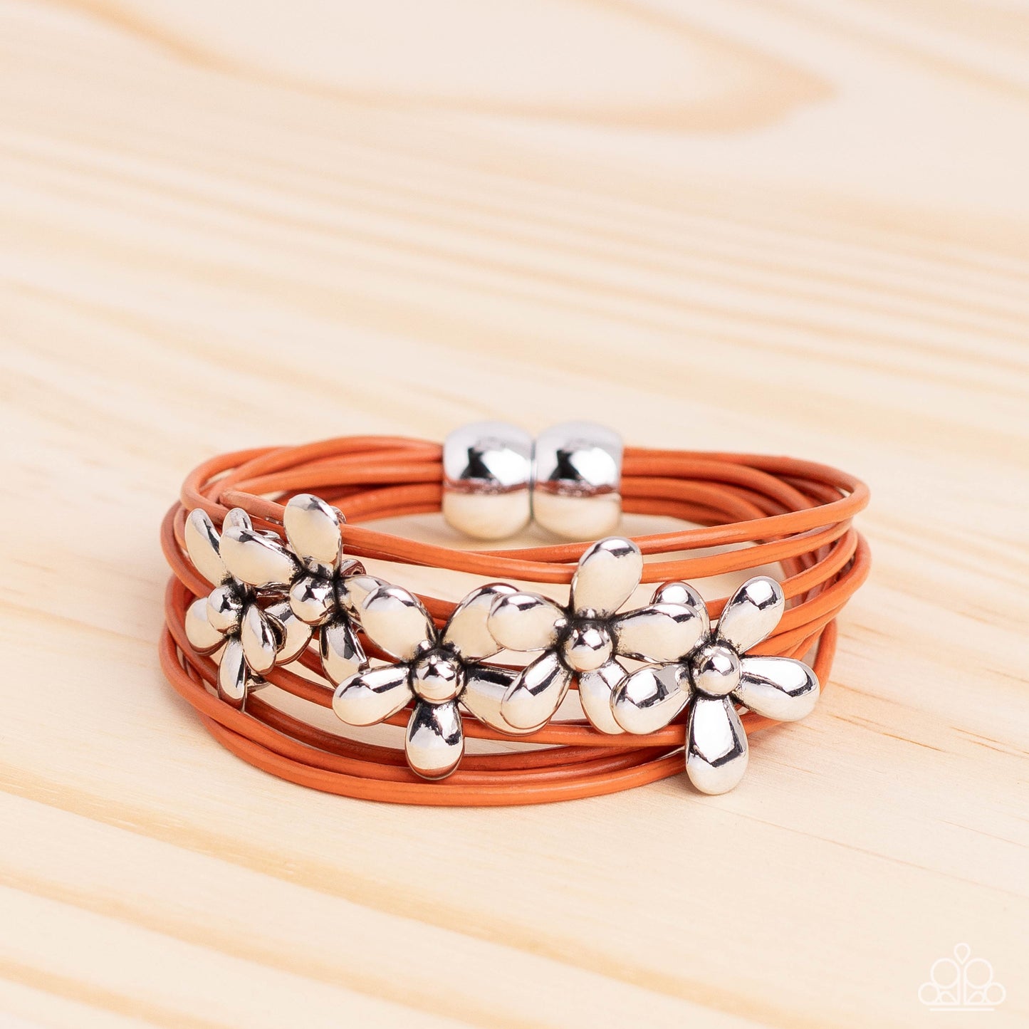 Here Comes the BLOOM - Orange Cording/Silver Flowers Paparazzi Magnetic Bracelet