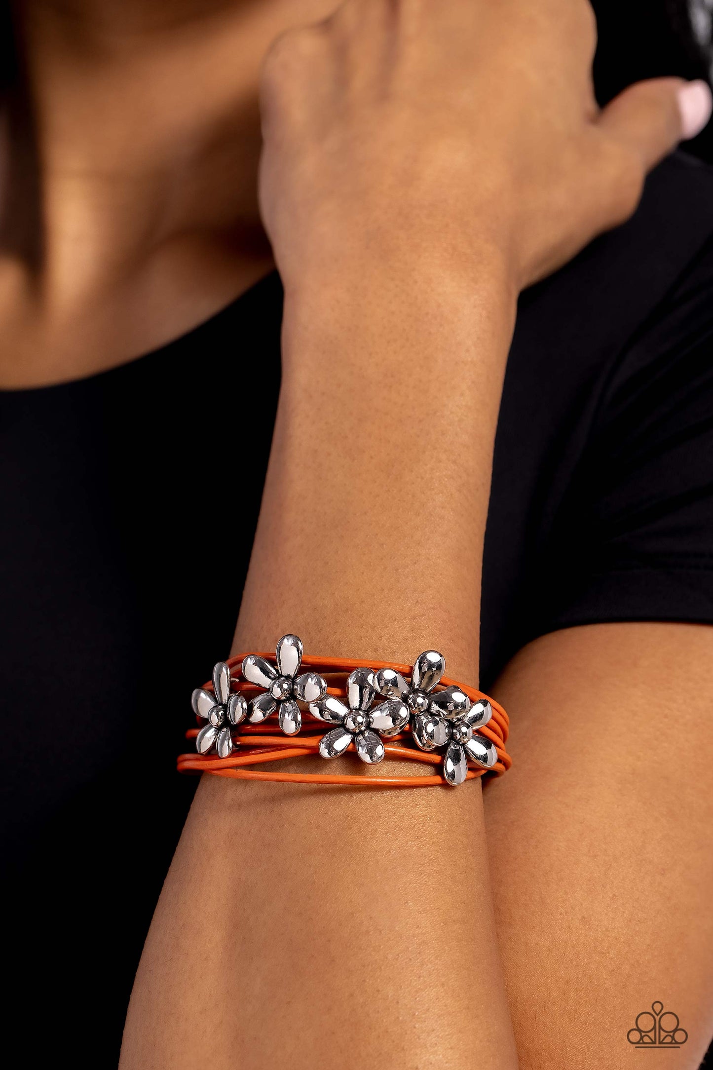 Here Comes the BLOOM - Orange Cording/Silver Flowers Paparazzi Magnetic Bracelet