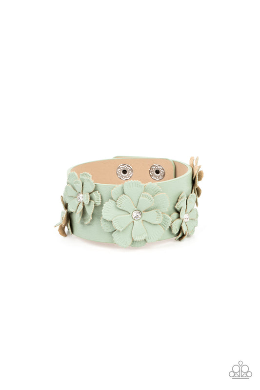 What Do You Pro-POSIES - Green Leather Petals/White Rhinestone Paparazzi Snap Bracelet