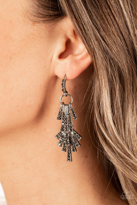 Fan of Glam - Silver Geometric Frame & Hematite Rhinestone Paparazzi earrings